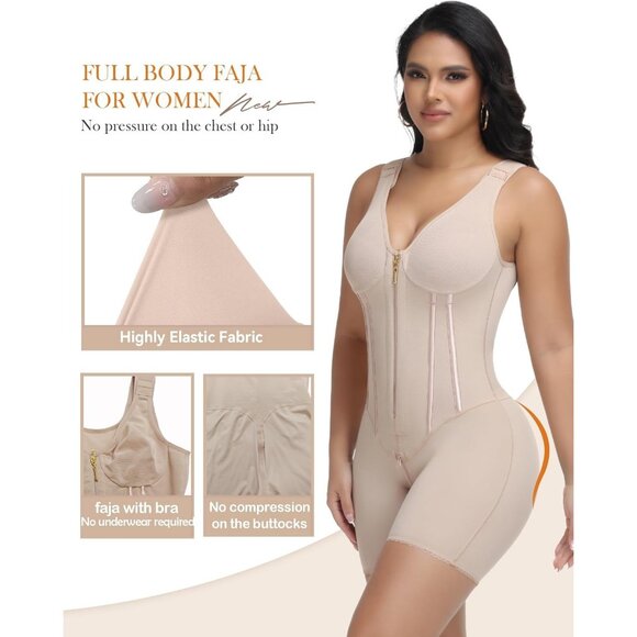 Women's Fajas Tummy Control Tuck Garment Full Body Shaper Bra Shapewear Tan - Picture 4 of 6